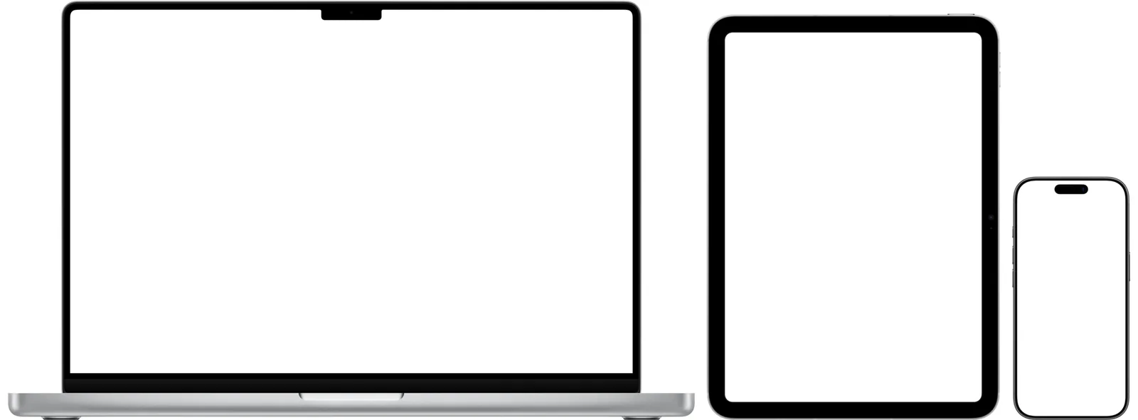 The same MacBook, iPad, and iPhone, now in correct proportion — the phone roughly half the laptop's height.