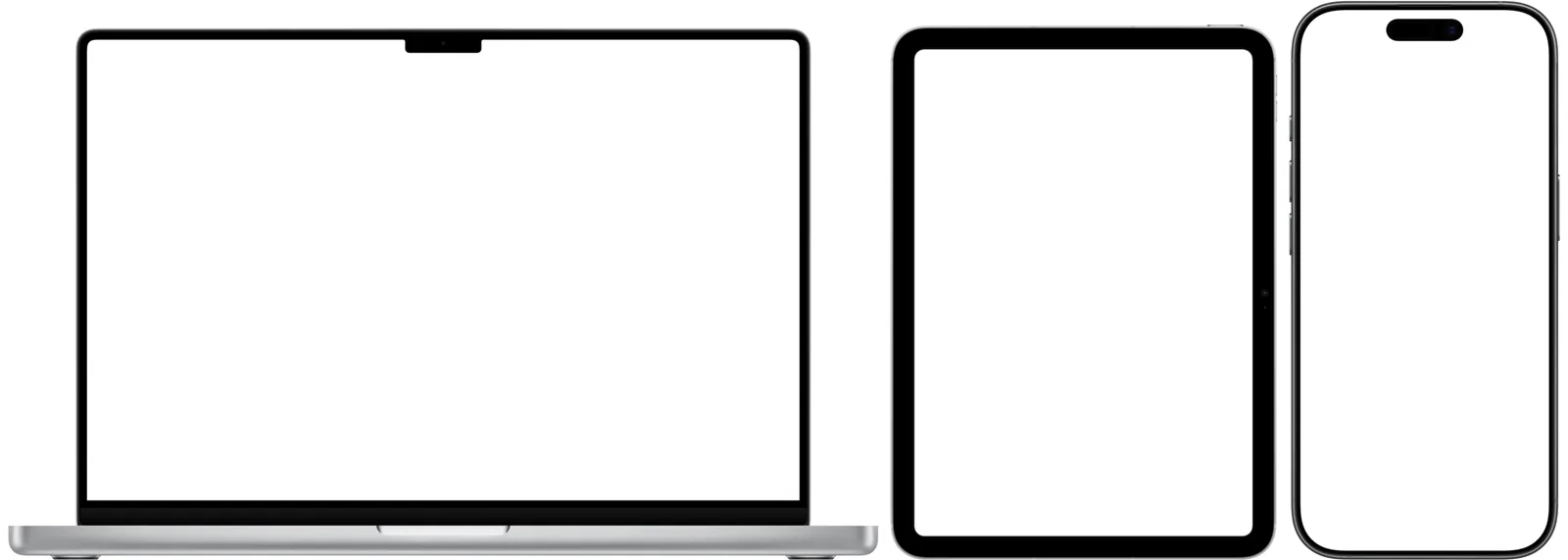 A MacBook, an iPad, and an iPhone side by side, all almost exactly the same height.