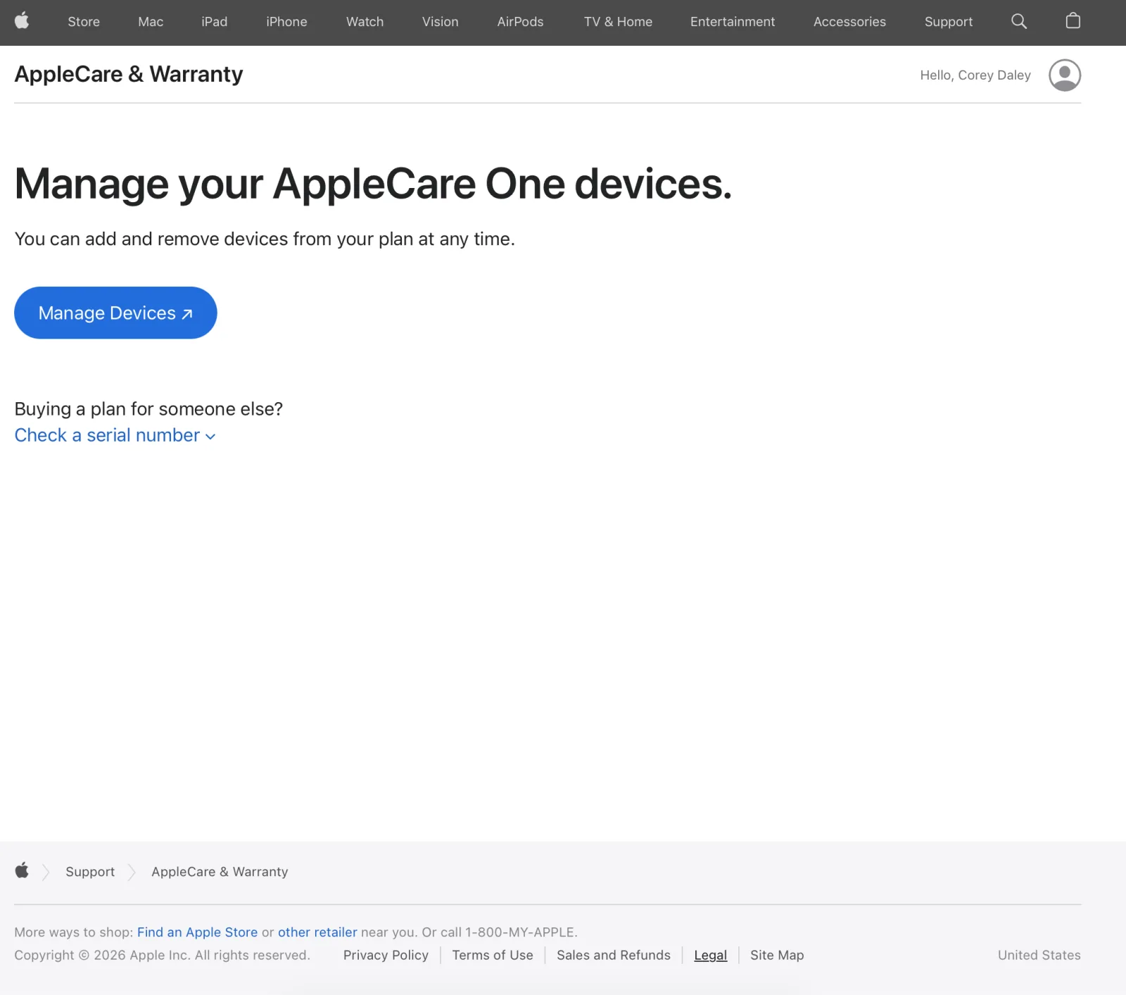 Apple's AppleCare and Warranty page with a Check a serial number link under Buying a plan for someone else